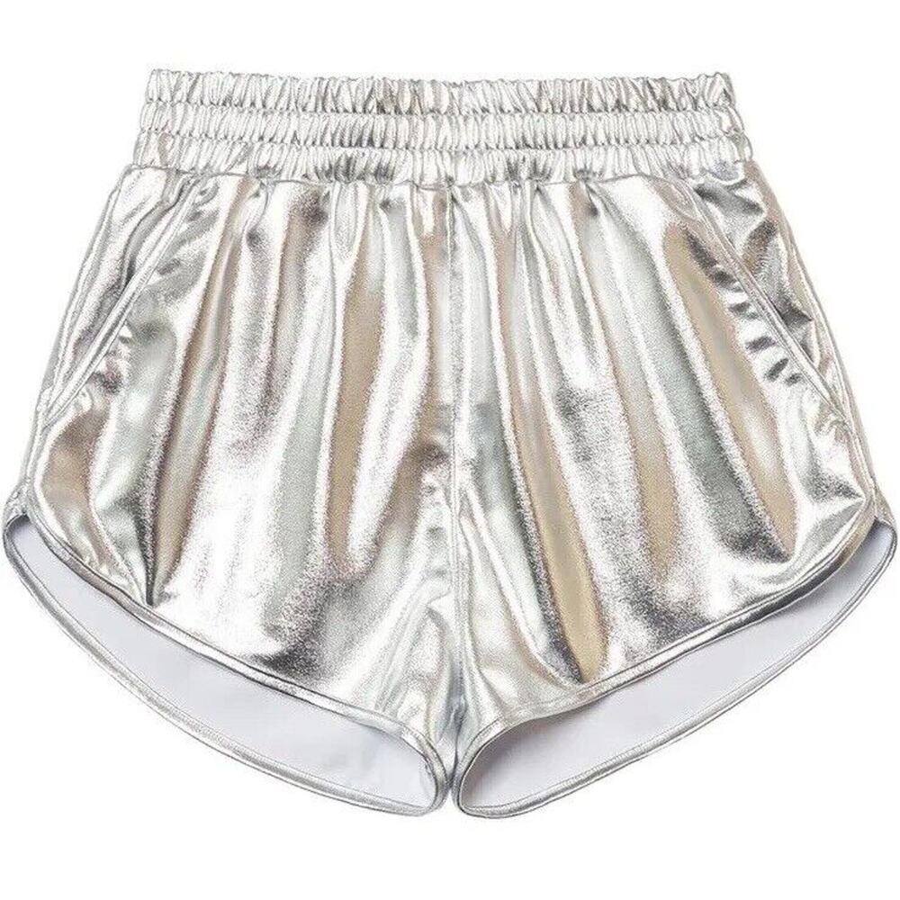 Women’s Yoga Hot Shorts Shiny Metallic Shorts Silver Size Large